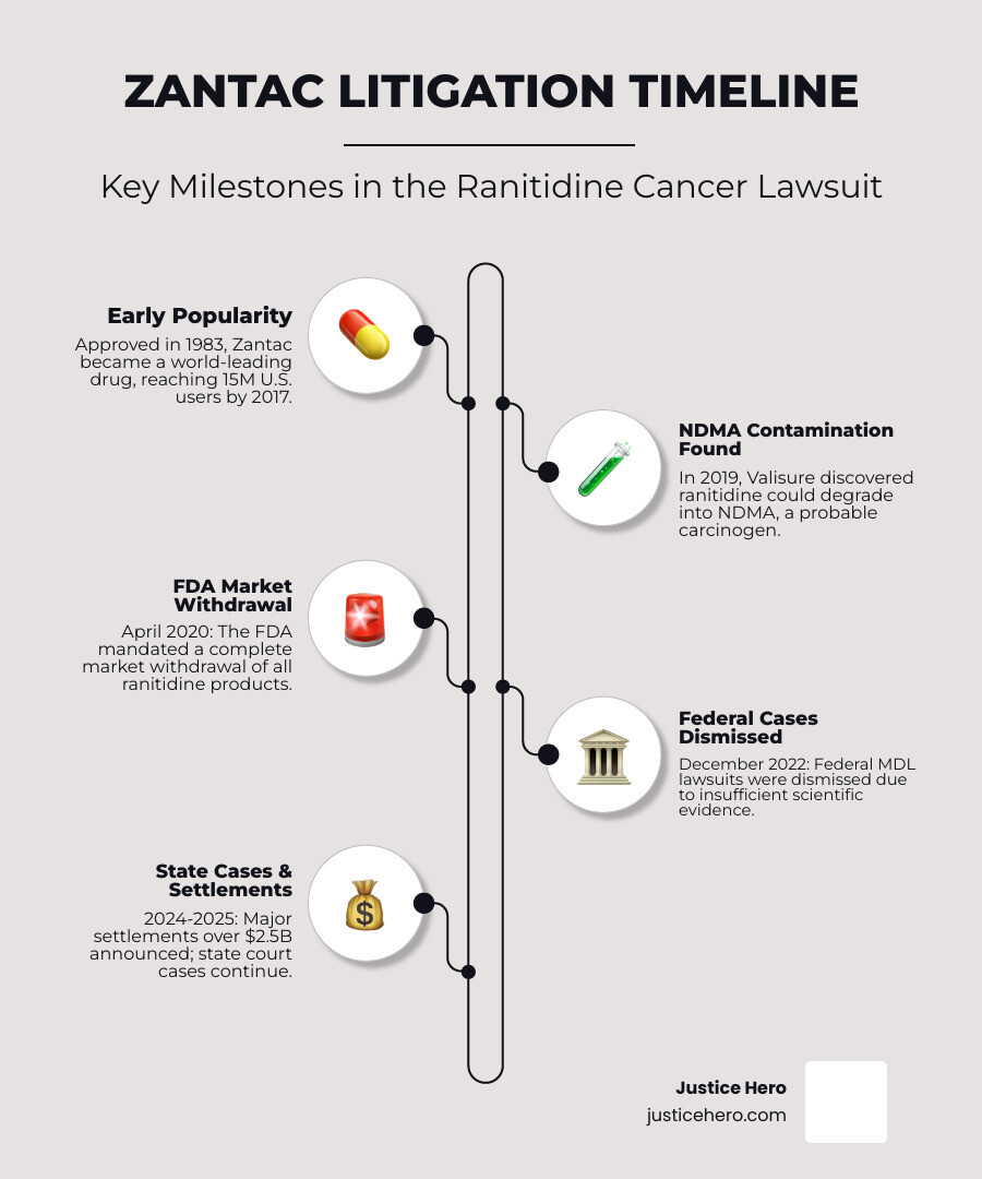Infographic showing the Zantac timeline: 1983 - Zantac approved and becomes world's best-selling drug, 2006-2020 - Peak usage period (15 million regular U.S. users in 2017), 2019 - Valisure discovers NDMA contamination, April 2020 - FDA mandates complete market withdrawal, 2020-2022 - Federal MDL litigation consolidated, December 2022 - Federal cases dismissed on scientific grounds, 2024-2025 - Major settlements announced totaling over $2.5 billion, Present - State court cases continue with mixed verdicts - Ranitidine cancer lawsuit infographic infographic-line-5-steps-elegant_beige