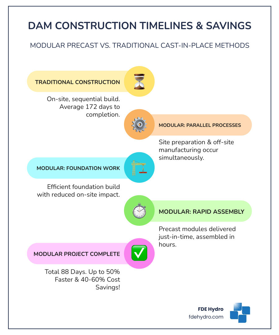Infographic comparing traditional cast-in-place dam construction timeline of 172 days versus modular precast dam construction timeline of 88 days, showing key phases including site preparation, off-site manufacturing, foundation work, and final assembly, with cost savings of 40-60% and schedule reduction of up to 50% - modular precast dam infographic infographic-line-5-steps-colors Infographic comparing traditional cast-in-place dam construction timeline of 172 days versus modular precast dam construction timeline of 88 days, showing key phases including site preparation, off-site manufacturing, foundation work, and final assembly, with cost savings of 40-60% and schedule reduction of up to 50% - modular precast dam infographic infographic-line-5-steps-colors