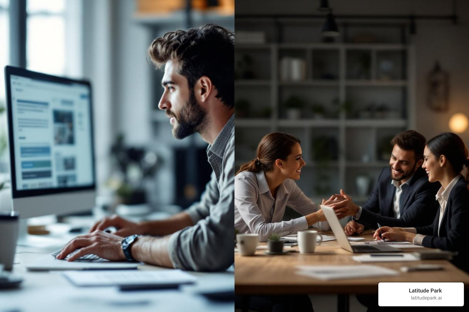 person at a desk using software on one side, and a team of professionals collaborating on the other - business online reputation management companies