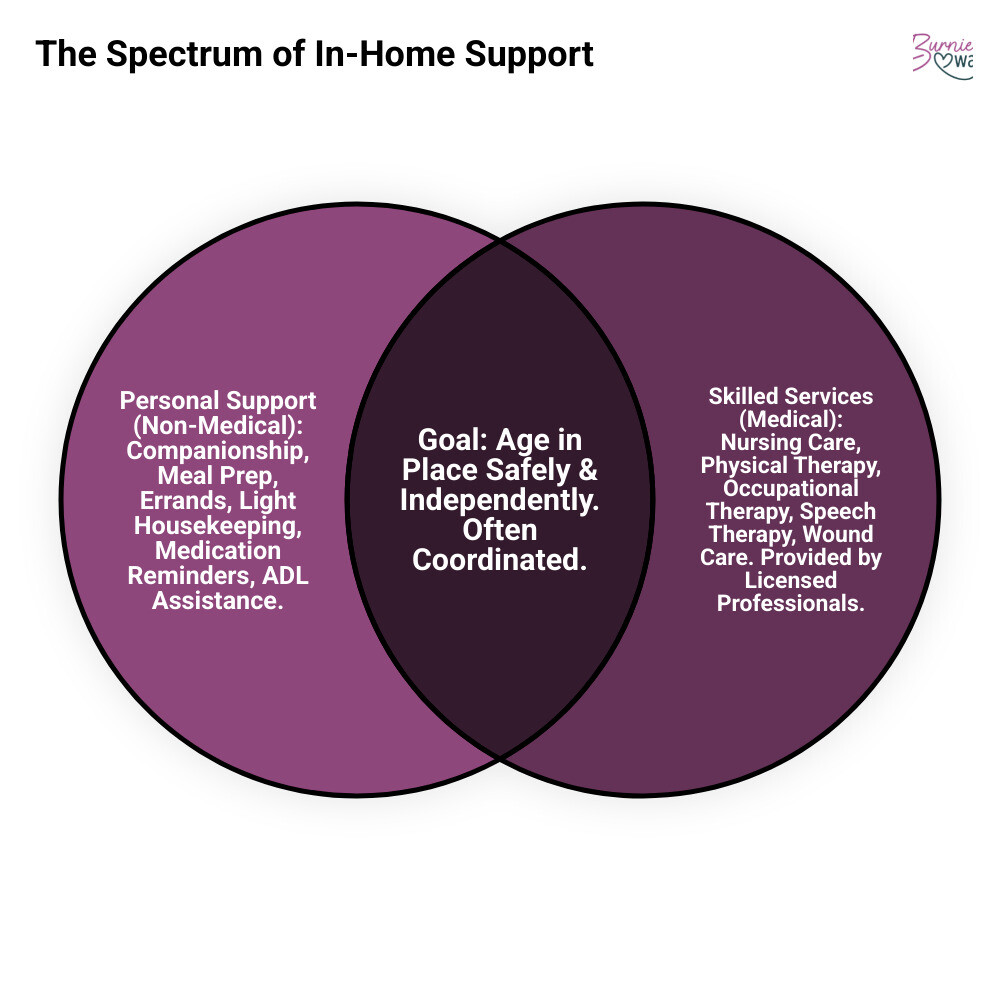 Infographic explaining the spectrum of in-home support, from companionship and personal assistance to skilled services available in the community - elderly inhome care infographic venn_diagram