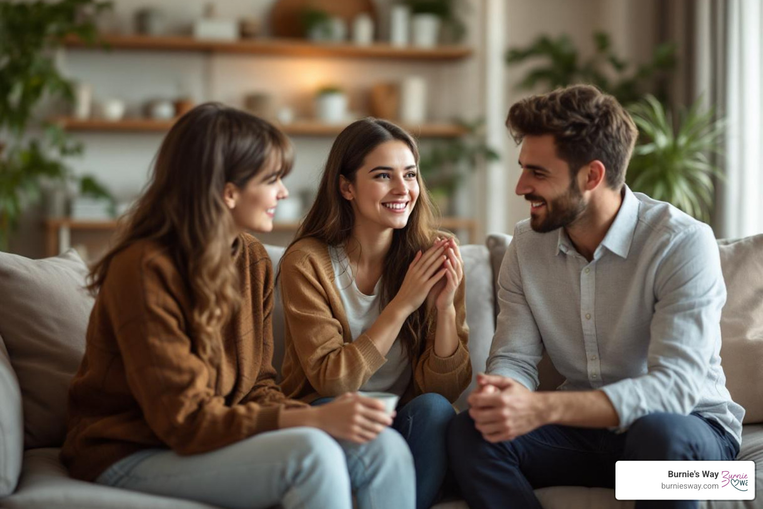 family having a supportive conversation in a living room - in home elderly help