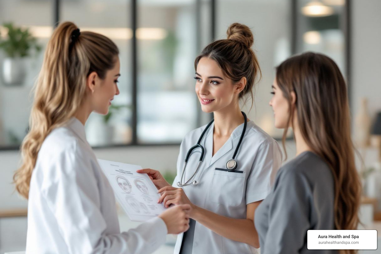 licensed nurse provider consulting with patient pointing to facial anatomy chart - botox providers near me