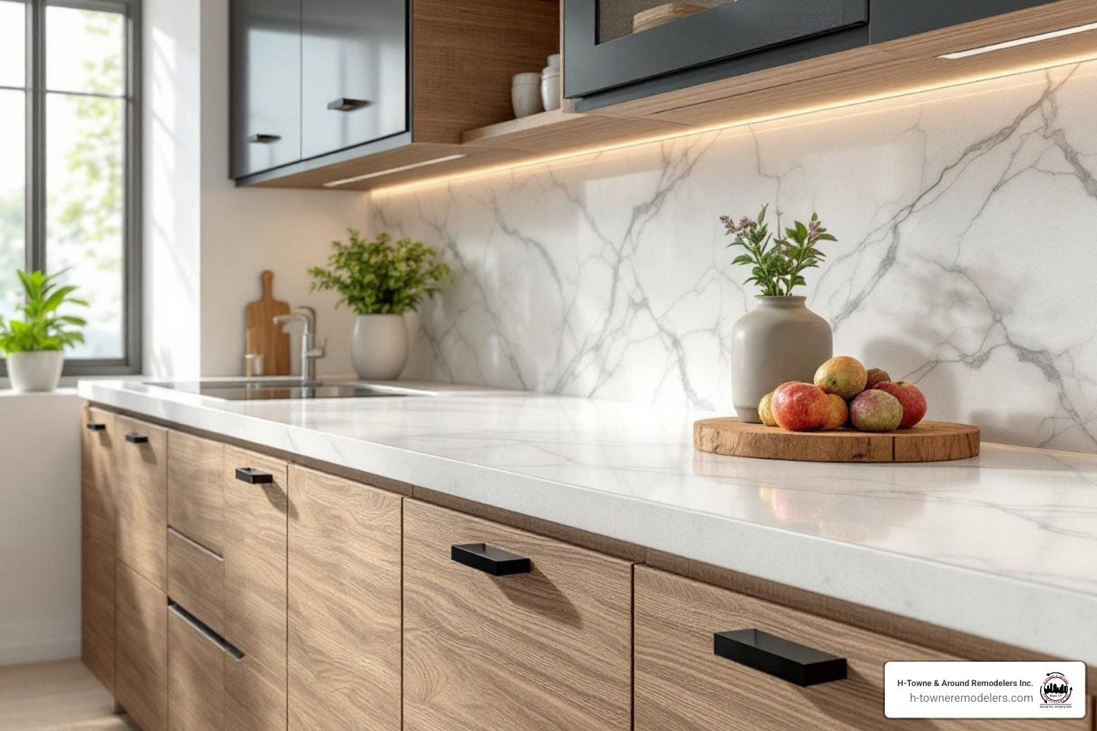 close-up on mixed materials like wood grain cabinets, quartz countertops, and a full-slab backsplash - contemporary kitchen Houston close-up on mixed materials like wood grain cabinets, quartz countertops, and a full-slab backsplash - contemporary kitchen Houston