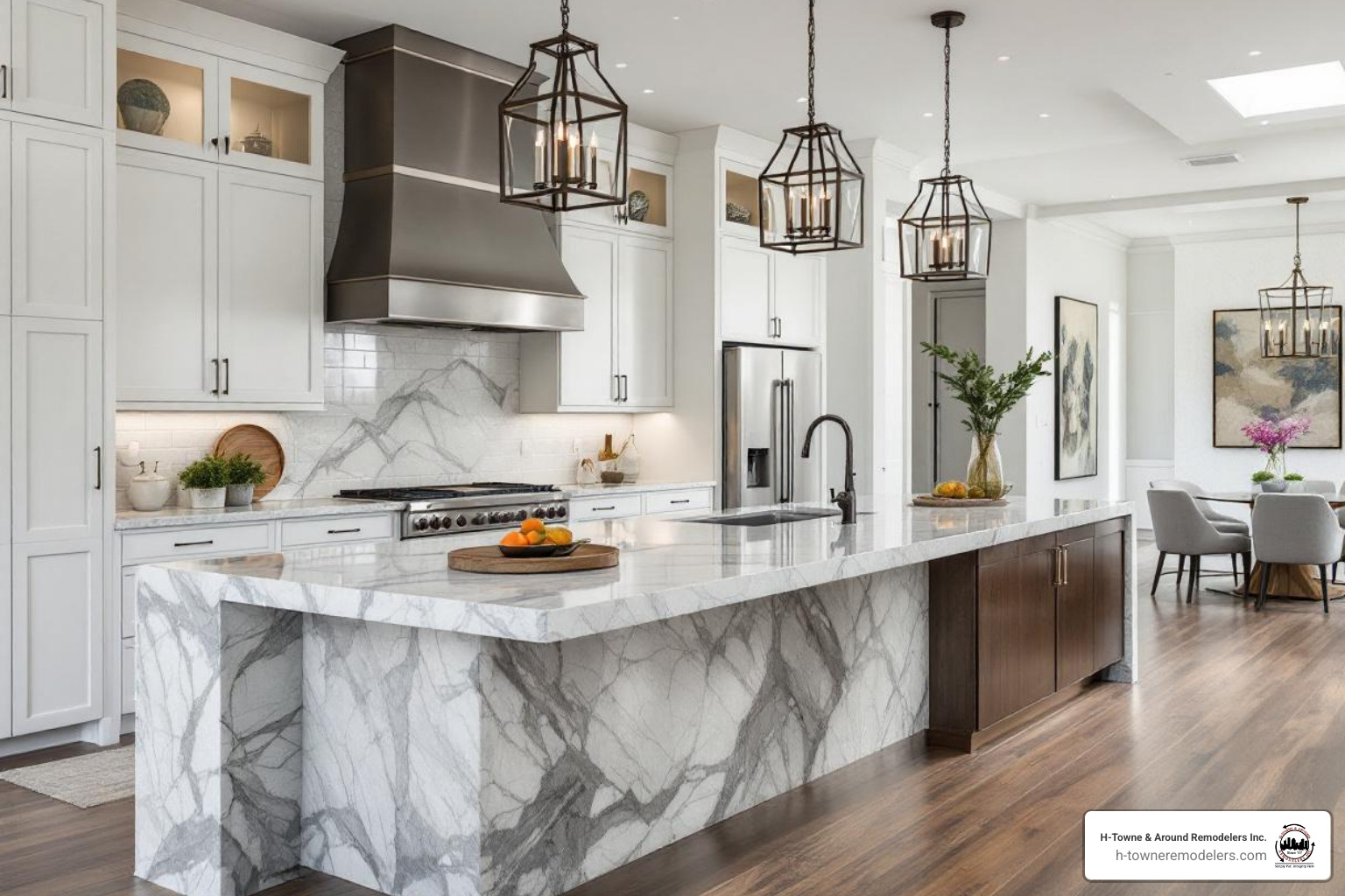 large kitchen island with waterfall countertops in a Houston residence - contemporary kitchen Houston large kitchen island with waterfall countertops in a Houston residence - contemporary kitchen Houston