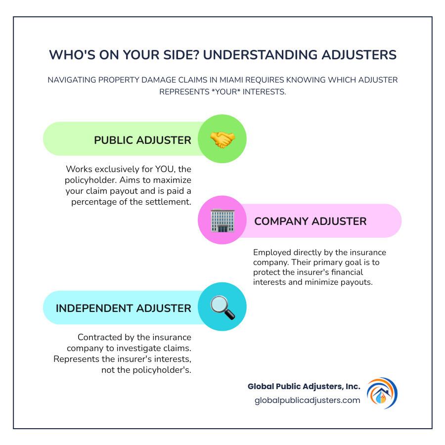 infographic showing three types of insurance adjusters with icons: Public Adjuster (works for policyholder, goal is to maximize payout, paid by percentage of settlement), Company Adjuster (works for insurance company, goal is to minimize payout, paid by insurer), and Independent Adjuster (contracted by insurance company, represents insurer interests, paid by insurer) - miami insurance adjuster infographic infographic-line-3-steps-colors