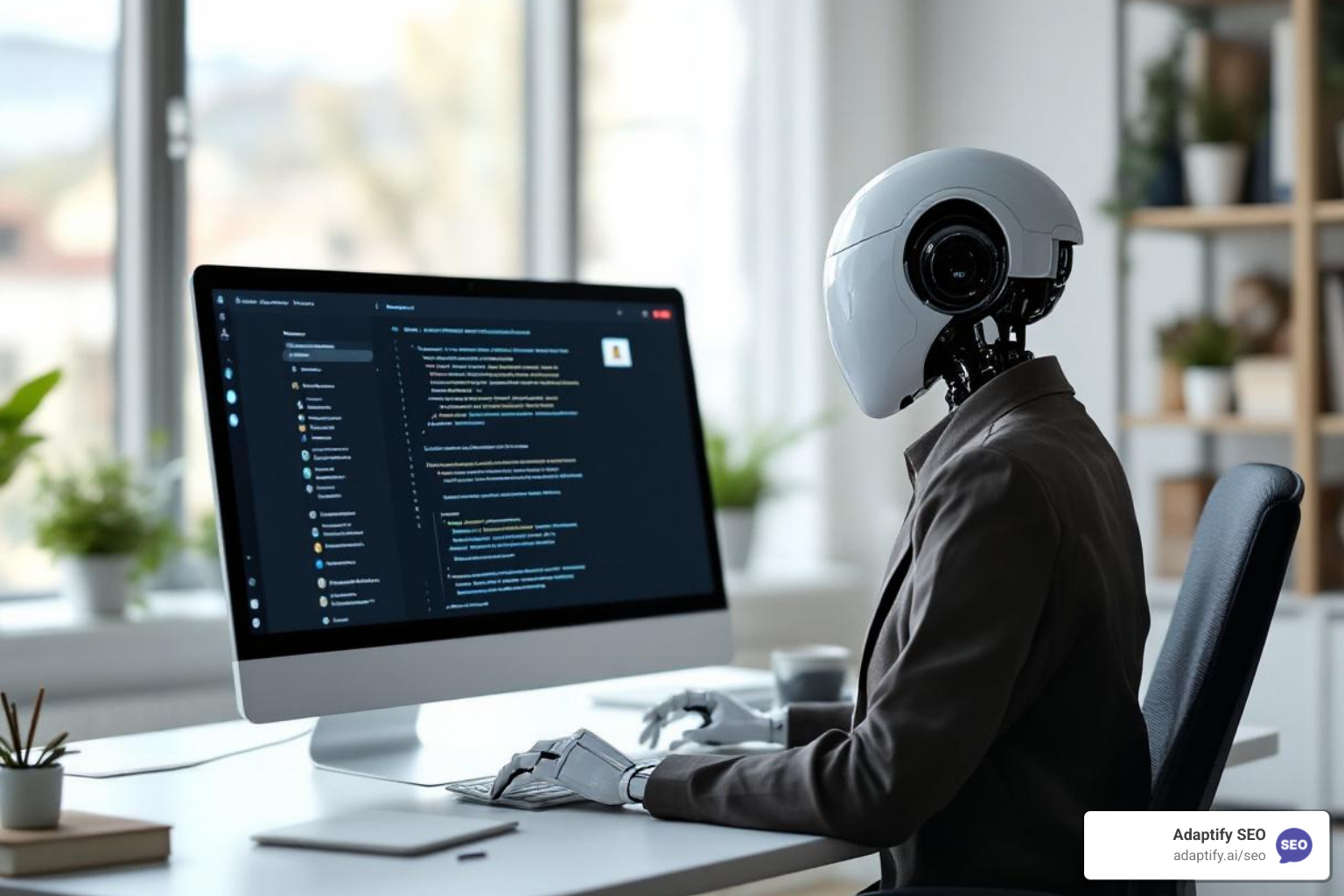 a writer collaborating with an AI robot on a computer - Automated blog post writer