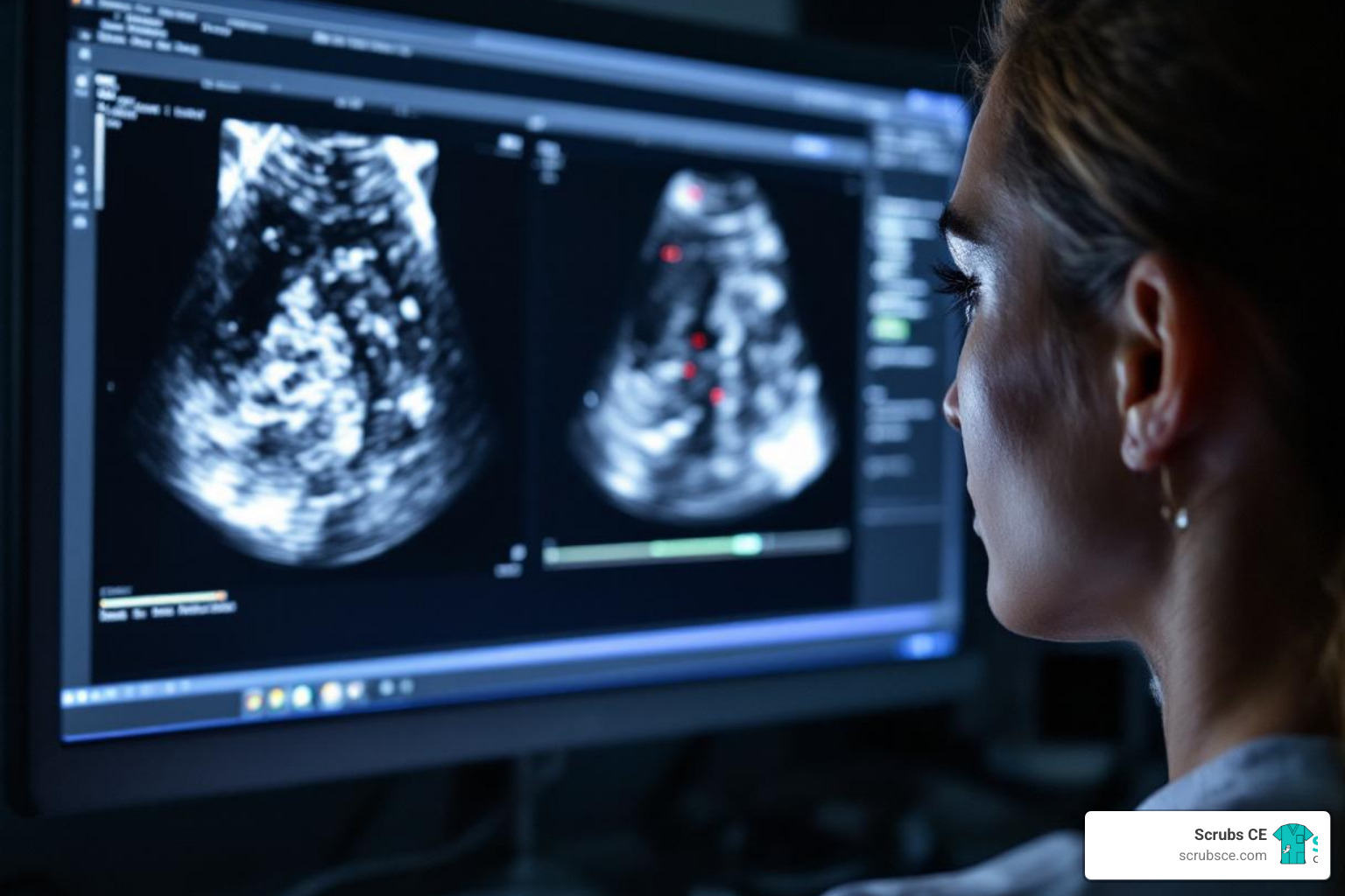Healthcare professional analyzing a breast ultrasound scan on a high-resolution monitor - breast ultrasound CE Healthcare professional analyzing a breast ultrasound scan on a high-resolution monitor - breast ultrasound CE