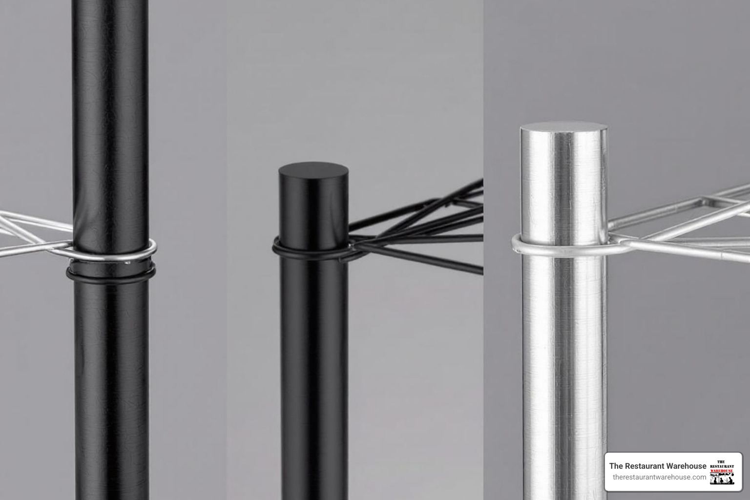 close-ups of different wire shelving finishes: chrome, black epoxy, and stainless steel - Wire shelving units close-ups of different wire shelving finishes: chrome, black epoxy, and stainless steel - Wire shelving units