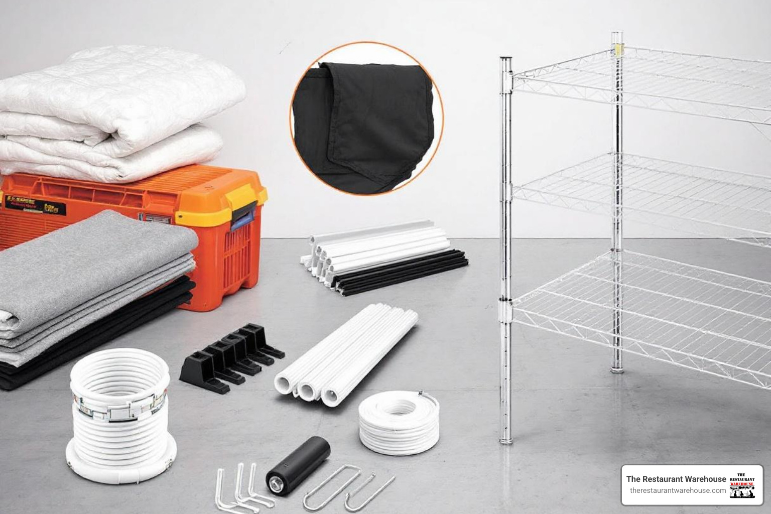 various wire shelving accessories, such as shelf liners, side ledges, casters, and hanging hooks, arranged next to a shelving unit - Wire shelving units various wire shelving accessories, such as shelf liners, side ledges, casters, and hanging hooks, arranged next to a shelving unit - Wire shelving units