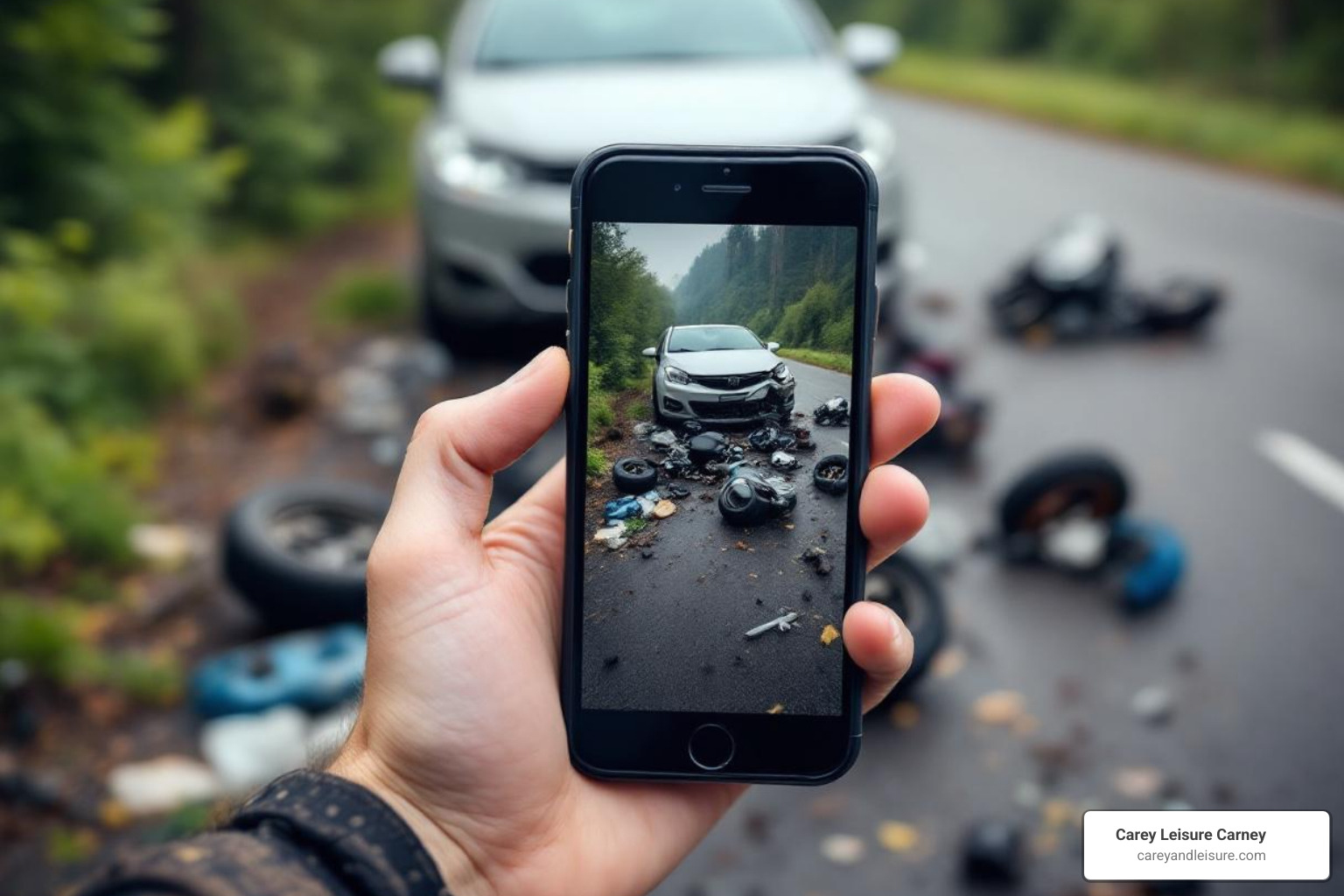 a person using a smartphone to photograph car and motorcycle damage after a collision. - Motorcycle injury attorney