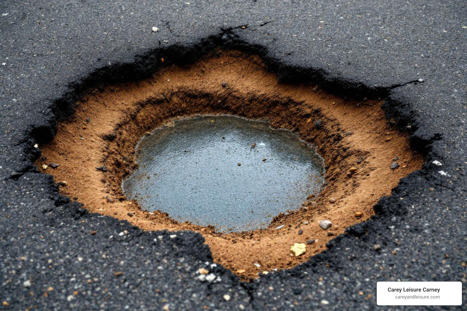 a large pothole on an asphalt road. - Motorcycle injury attorney