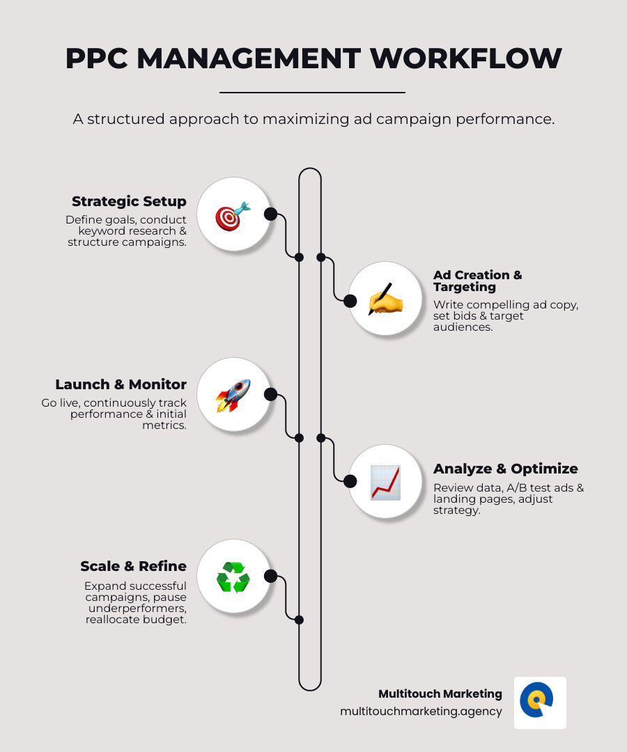 Infographic showing the PPC management workflow: starting with keyword research and campaign setup, moving through ad creation and targeting, then to launch and monitoring, followed by data analysis and optimization, and finally scaling successful campaigns while pausing underperformers - ppc ads management infographic infographic-line-5-steps-elegant_beige Infographic showing the PPC management workflow: starting with keyword research and campaign setup, moving through ad creation and targeting, then to launch and monitoring, followed by data analysis and optimization, and finally scaling successful campaigns while pausing underperformers - ppc ads management infographic infographic-line-5-steps-elegant_beige