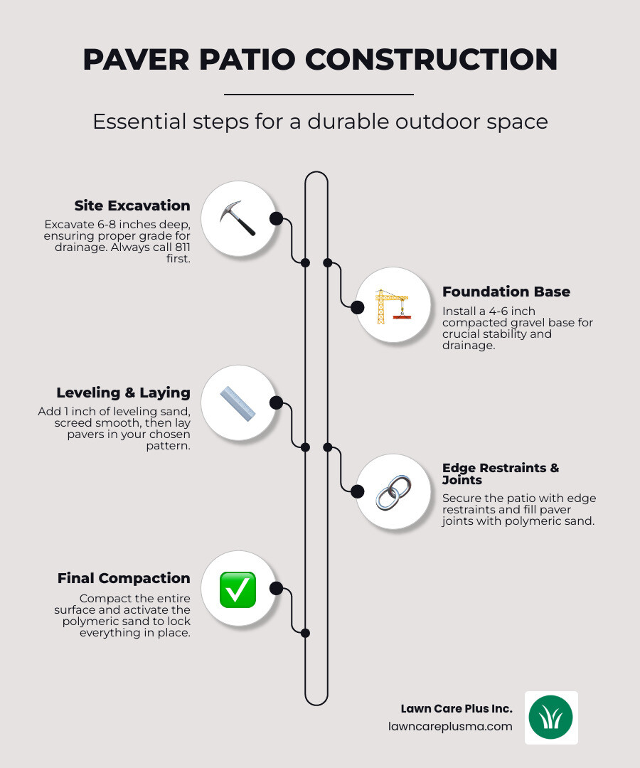 detailed infographic showing cross-section layers of proper paver patio construction from bottom to top: compacted soil base, geotextile fabric, 4-6 inch crushed stone base layer, 1 inch leveling sand, pavers, and polymeric sand in joints, with measurements and labels for each layer - building a patio out of pavers infographic infographic-line-5-steps-elegant_beige
