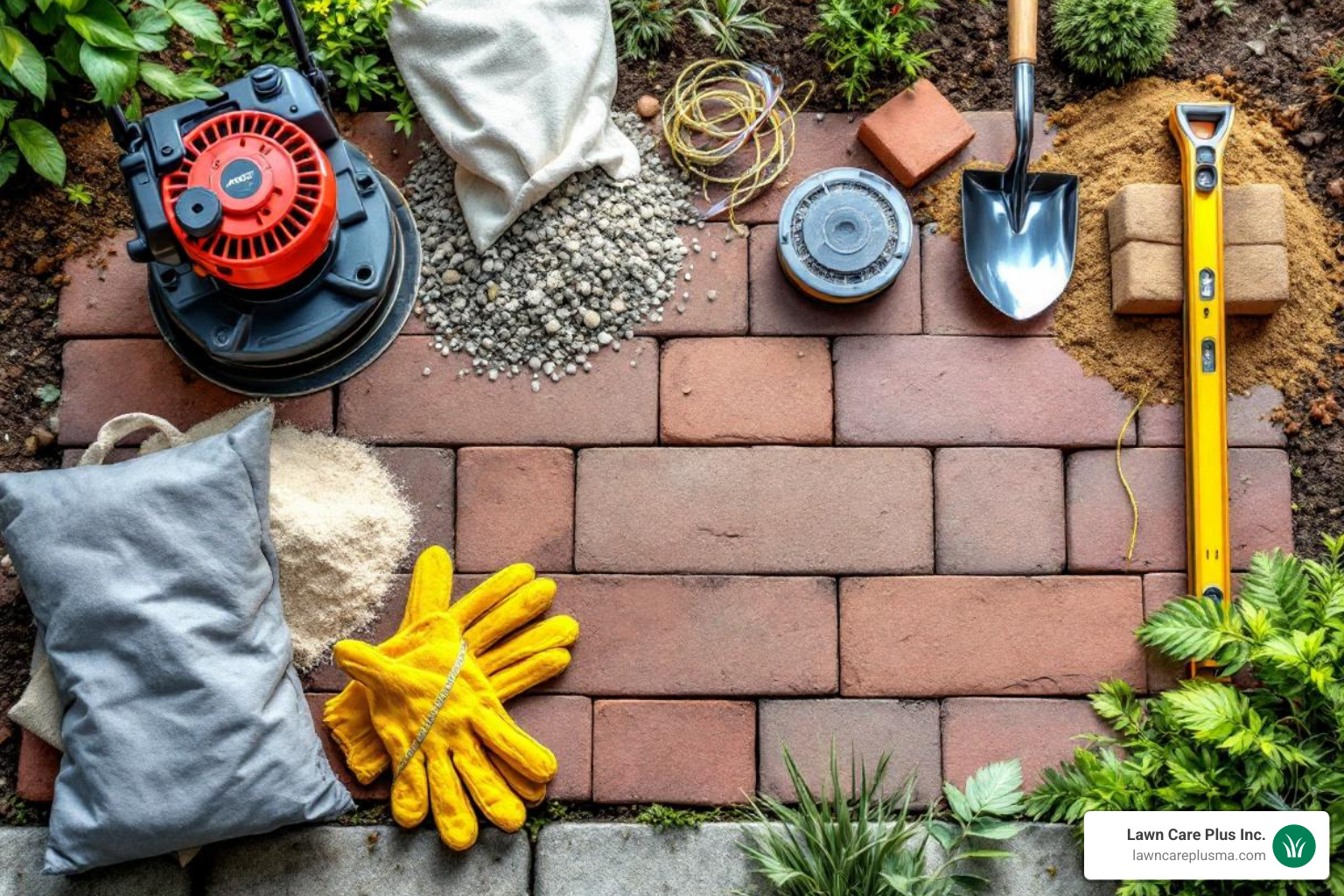 necessary tools and materials for paver patio project laid out neatly - building a patio out of pavers