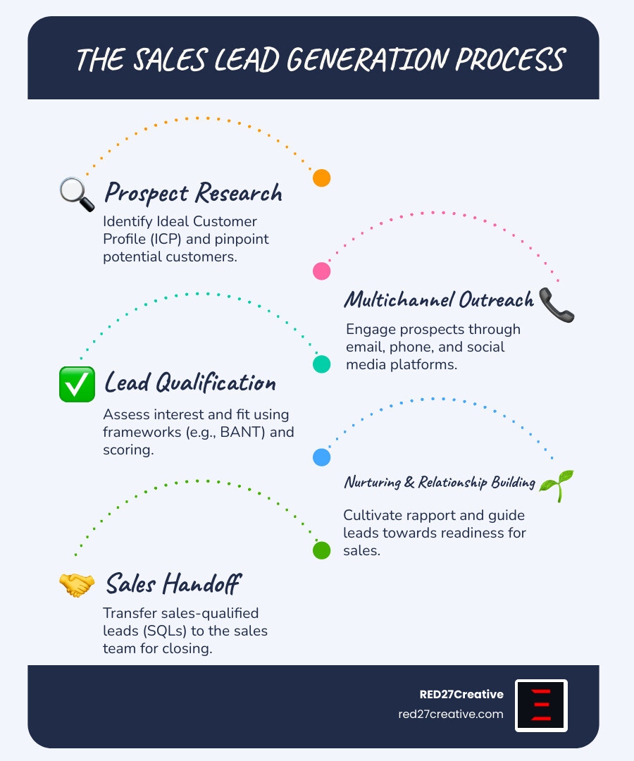 Infographic showing the sales lead generation process: starts with ideal customer profile research and prospect identification, moves through multichannel outreach via email phone and social media, then lead qualification and scoring using frameworks like BANT, followed by nurturing and relationship building, and finally handoff to sales team as sales-qualified leads ready for demos and closing - Sales lead generation specialist infographic infographic-line-5-steps-blues-accent_colors Infographic showing the sales lead generation process: starts with ideal customer profile research and prospect identification, moves through multichannel outreach via email phone and social media, then lead qualification and scoring using frameworks like BANT, followed by nurturing and relationship building, and finally handoff to sales team as sales-qualified leads ready for demos and closing - Sales lead generation specialist infographic infographic-line-5-steps-blues-accent_colors