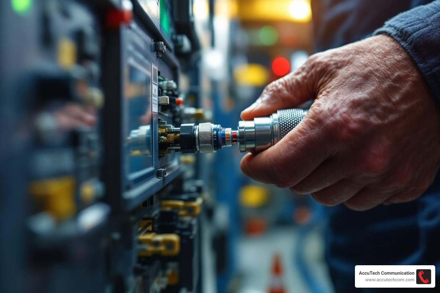 technician closely inspecting compression-applied connector - low voltage cable testing