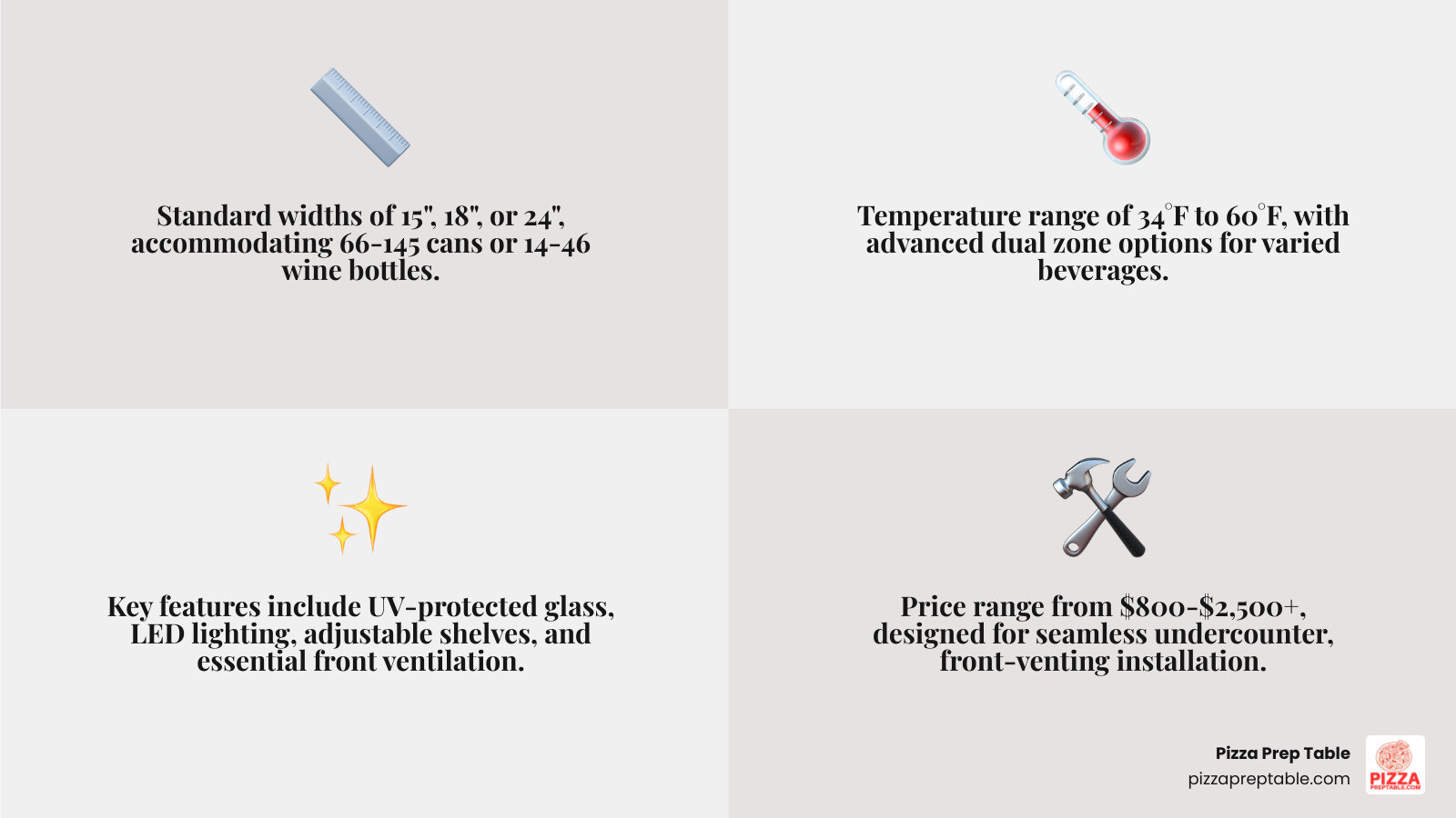 Infographic comparing built-in drink fridges showing standard widths of 15, 18, and 24 inches, capacity ranges from 66 to 145 cans, temperature zones of single or dual zone options, key features including front ventilation, flush installation, UV-protected glass doors, LED lighting, and price ranges from budget-friendly $800-$1200, mid-range $1200-$1800, and premium $1800-$2500 - built in drink fridge infographic 4_facts_emoji_grey Infographic comparing built-in drink fridges showing standard widths of 15, 18, and 24 inches, capacity ranges from 66 to 145 cans, temperature zones of single or dual zone options, key features including front ventilation, flush installation, UV-protected glass doors, LED lighting, and price ranges from budget-friendly $800-$1200, mid-range $1200-$1800, and premium $1800-$2500 - built in drink fridge infographic 4_facts_emoji_grey