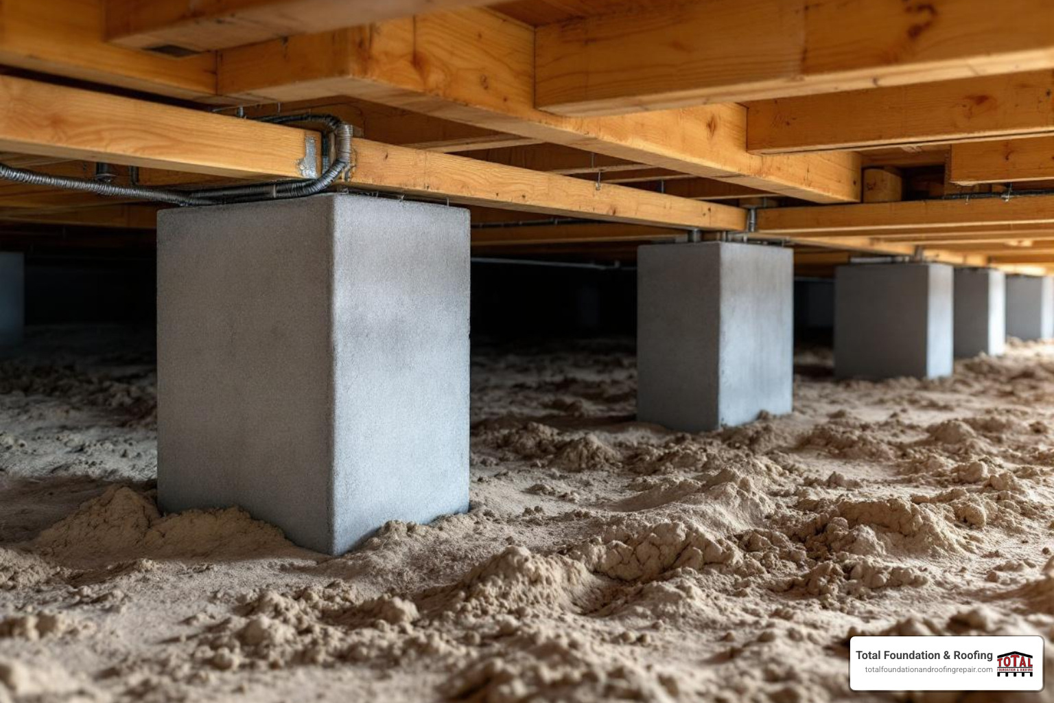crawl space under a pier and beam foundation showing piers, beams, and joists - pier and beam