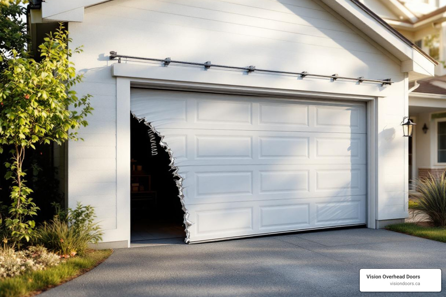 Infographic showing three warning signs of a broken garage door spring: 1. Loud bang or snapping sound from the garage, 2. Garage door won't open more than a few inches or is visibly crooked, 3. Visible gap in the spring coil above the door or hanging extension spring - emergency garage door spring repair in vernon, bc Garage door with a significant tear and visible damage, illustrating the need for emergency garage door spring repair services in Vernon, BC, by Vision Overhead Doors.