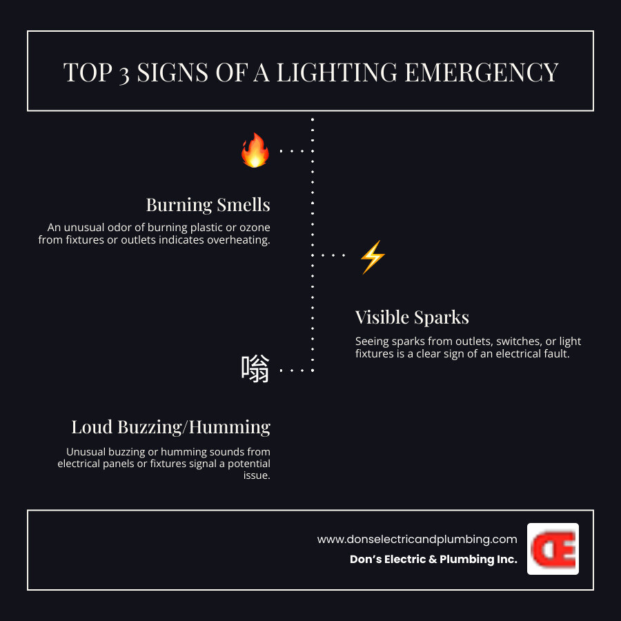 Infographic showing the top 3 signs of a lighting emergency: burning smells from fixtures or outlets, visible sparks from switches or light fixtures, and loud buzzing or humming sounds from electrical panels - 24 hour lighting service in canajoharie, ny infographic infographic-line-3-steps-dark Infographic showing the top 3 signs of a lighting emergency: burning smells from fixtures or outlets, visible sparks from switches or light fixtures, and loud buzzing or humming sounds from electrical panels - 24 hour lighting service in canajoharie, ny infographic infographic-line-3-steps-dark