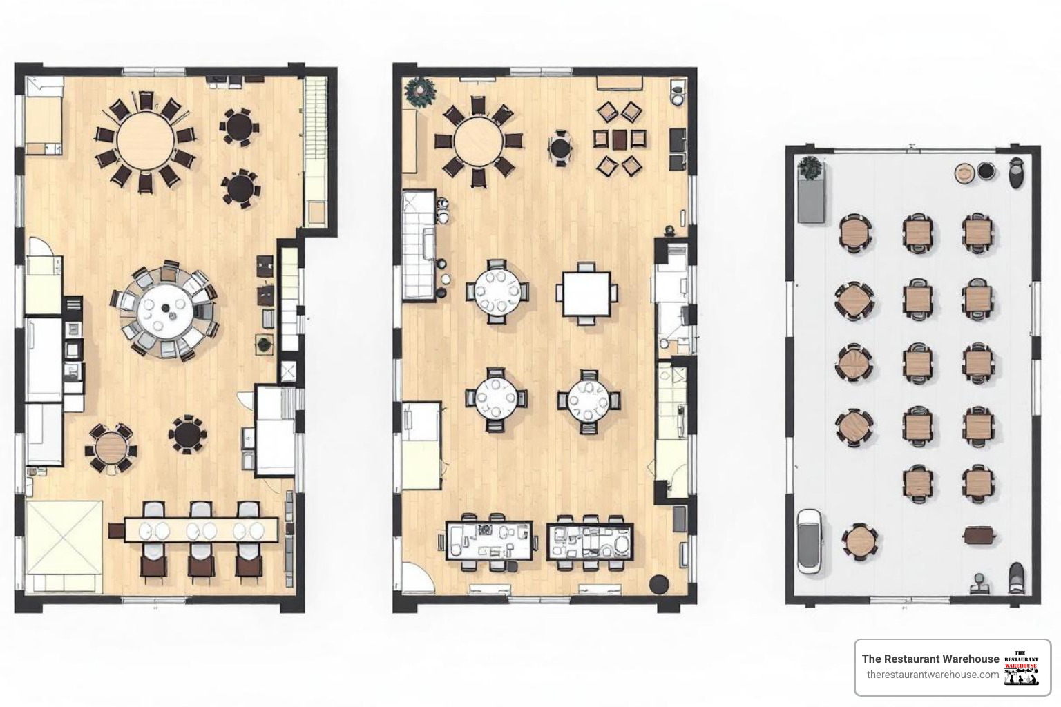 Restaurant floor plan comparing round, square, and rectangular table layouts - Large restaurant tables Restaurant floor plan comparing round, square, and rectangular table layouts - Large restaurant tables