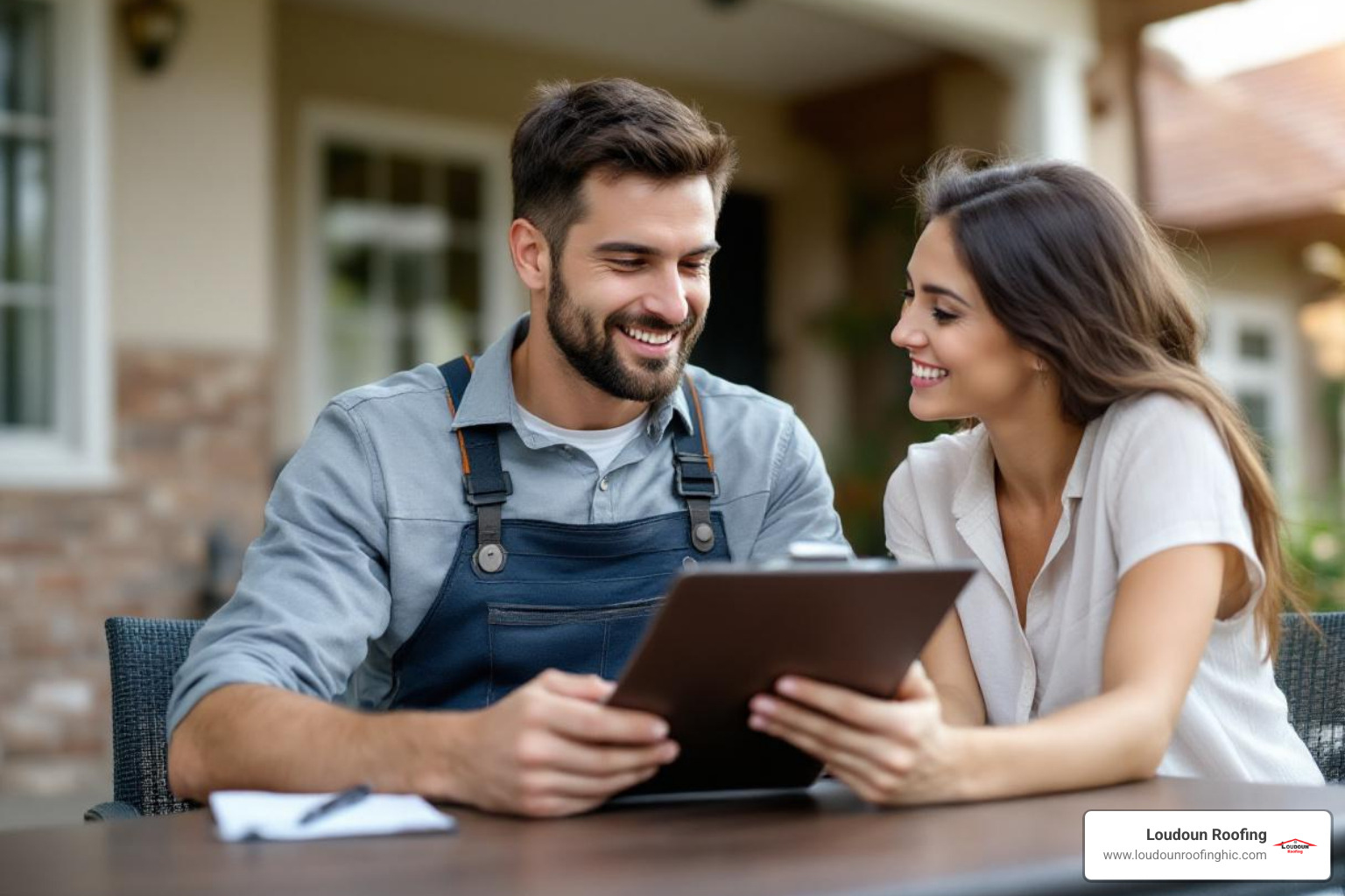 professional roofer providing a written estimate to a homeowner - roofing contractor South Riding VA