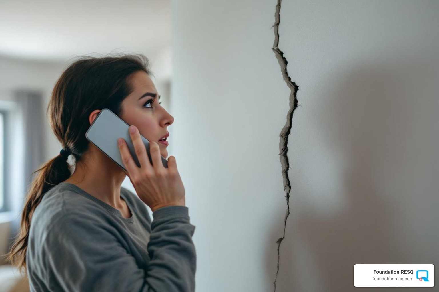 homeowner on phone looking at wall crack - emergency concrete foundation repair service in tallahassee