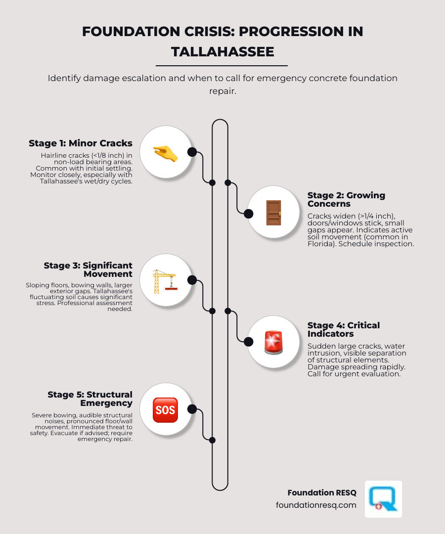 infographic showing the progression from minor foundation cracks to major structural failure, including visual indicators of each stage, timeline of damage escalation in Tallahassee climate conditions, and decision points for when to call emergency services versus scheduling routine inspection - emergency concrete foundation repair service in tallahassee infographic infographic-line-5-steps-elegant_beige