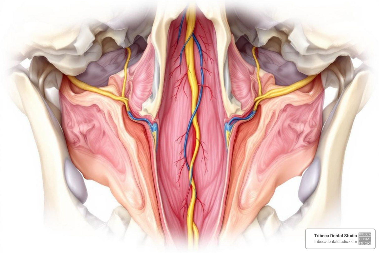Illustration of the Greater Palatine Canal and its neurovascular bundle - pterygoid implants anatomy