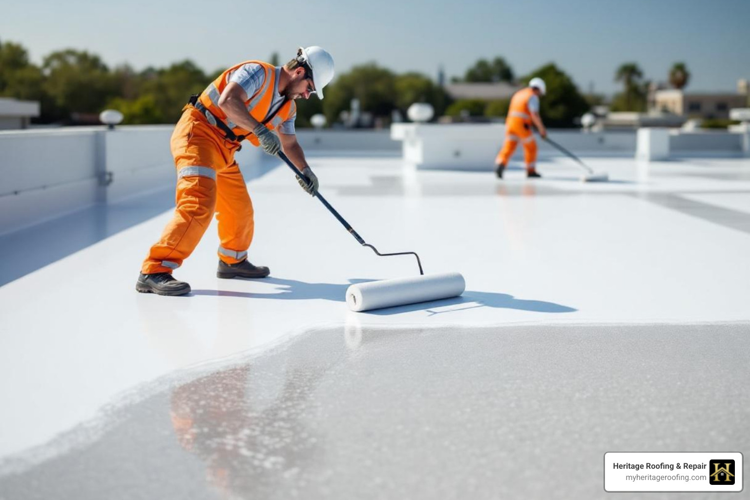 Roofer applying a white reflective roof coating with a roller - commercial property roof repair