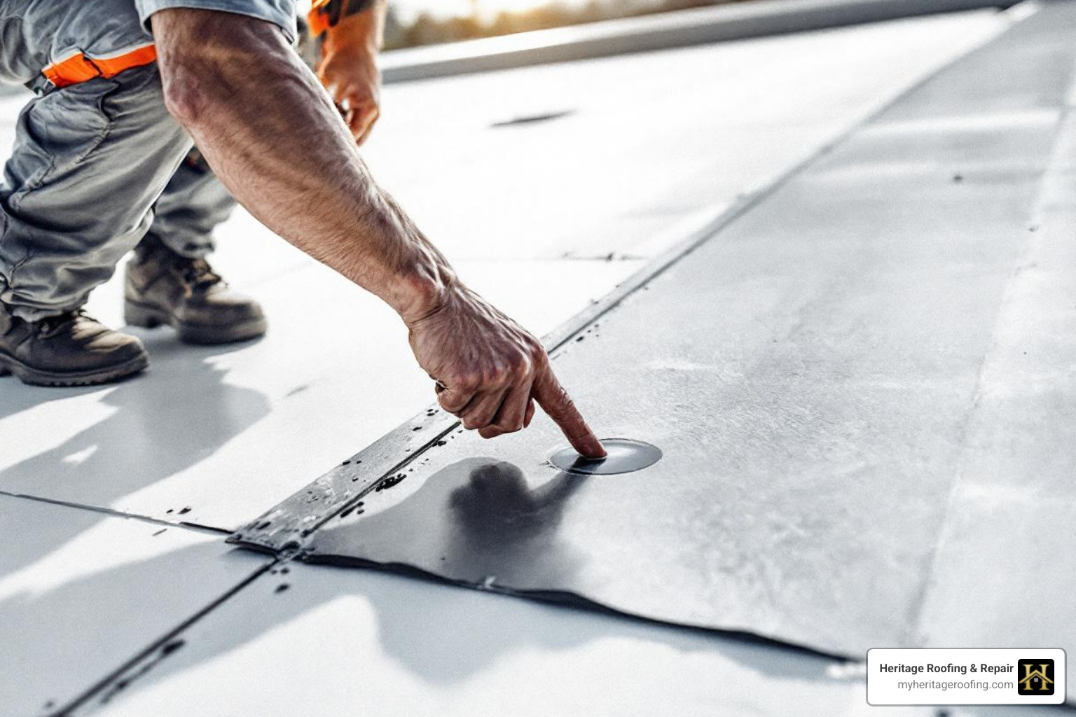 Roofer inspecting a commercial flat roof, pointing out a blister - commercial property roof repair