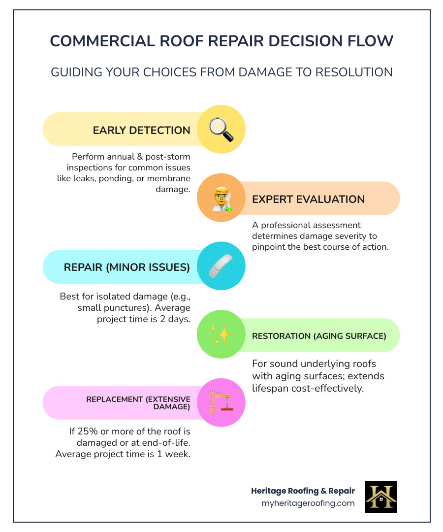 Infographic showing the commercial roof repair decision tree: starting with inspection, then branching into three paths based on damage extent (under 25% leads to repair or restoration, over 25% leads to replacement), with typical costs and lifespans for each option, plus a timeline showing inspection frequency (annual and post-storm) and average project completion times (2 days for repairs, up to 1 week for replacements) - commercial property roof repair infographic infographic-line-5-steps-colors