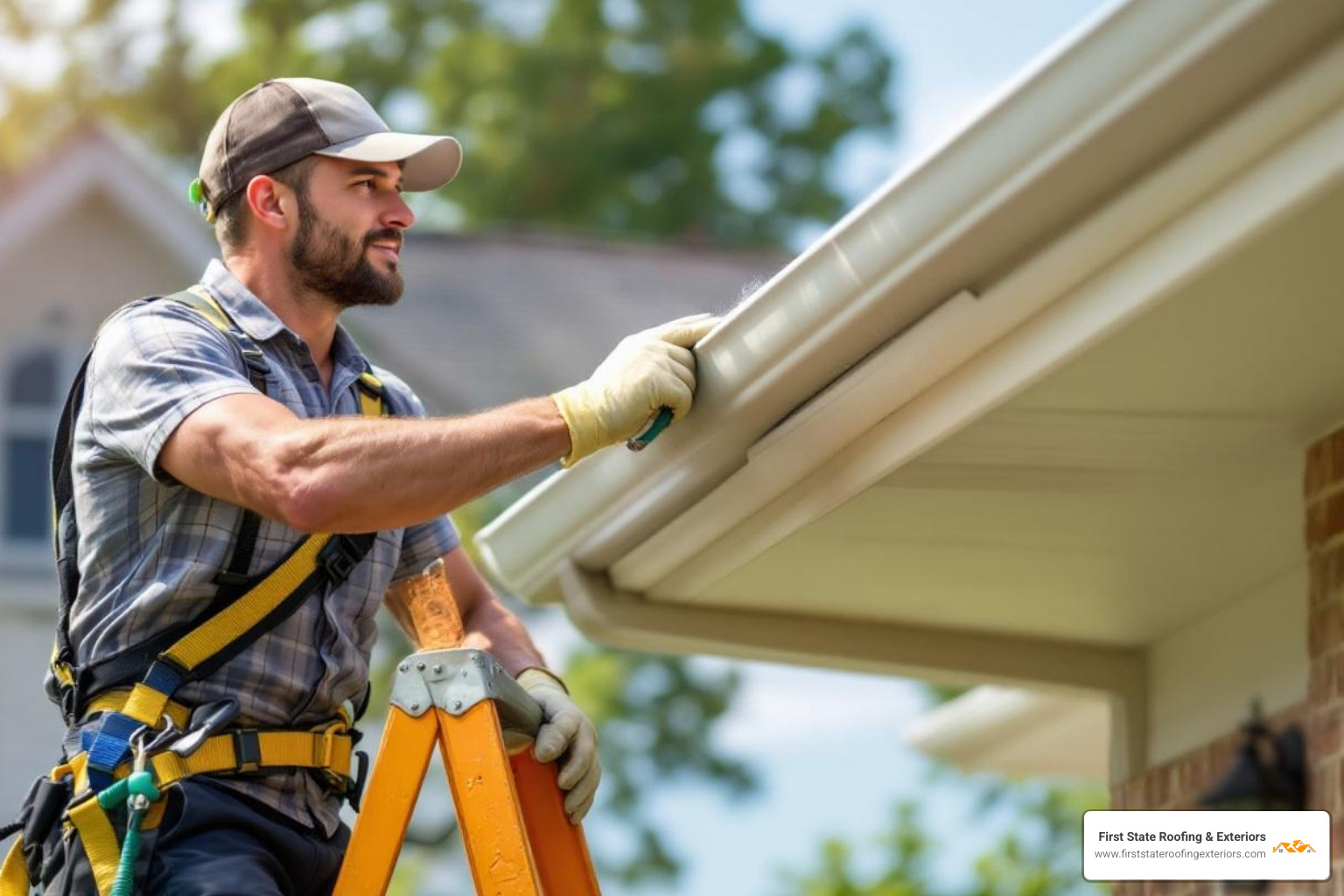 A homeowner safely cleaning gutters on a ladder - finding a roofing contractor