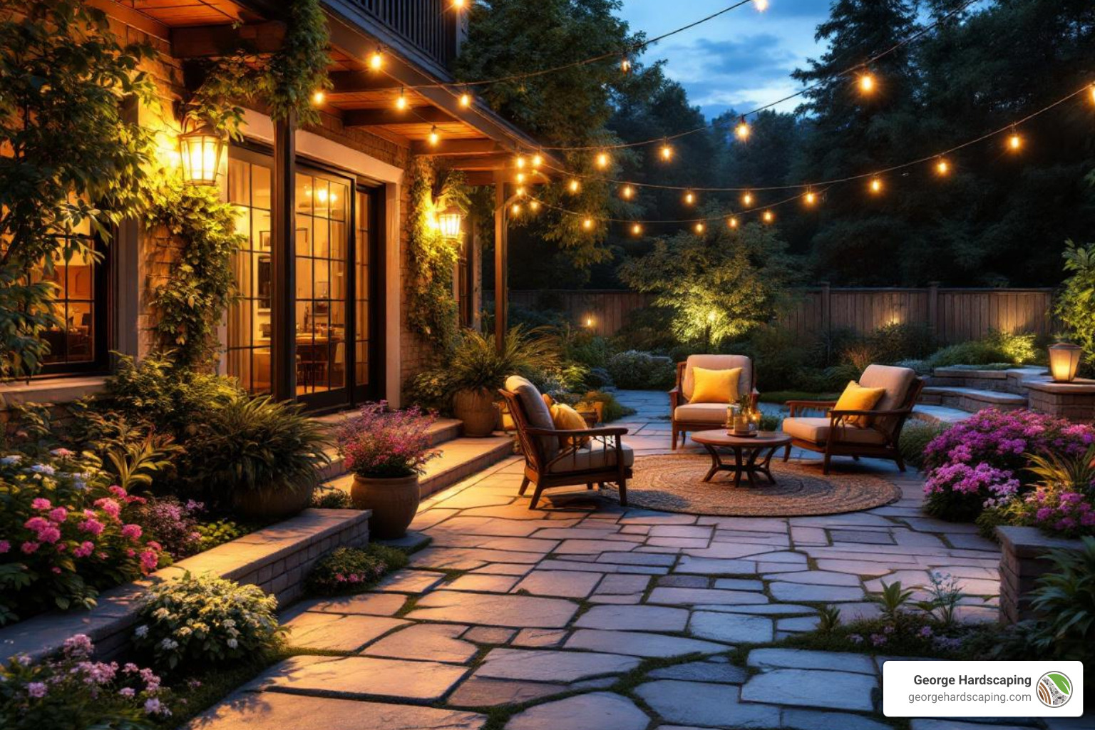 Stone patio illuminated at dusk with garden beds, path lights, and ambient lighting for evening enjoyment. - Stone patio design ideas Stone patio illuminated at dusk with garden beds, path lights, and ambient lighting for evening enjoyment. - Stone patio design ideas