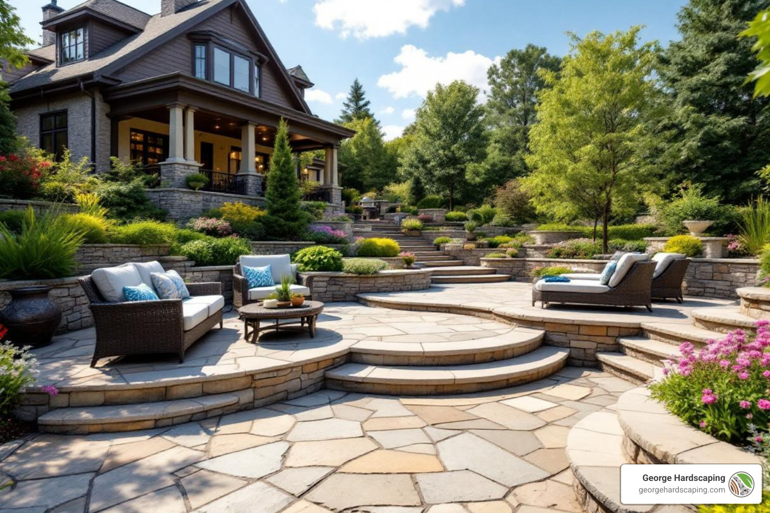Multi-level stone patio with lounge furniture and garden plantings, perfect for outdoor entertaining. - Stone patio design ideas Multi-level stone patio with lounge furniture and garden plantings, perfect for outdoor entertaining. - Stone patio design ideas