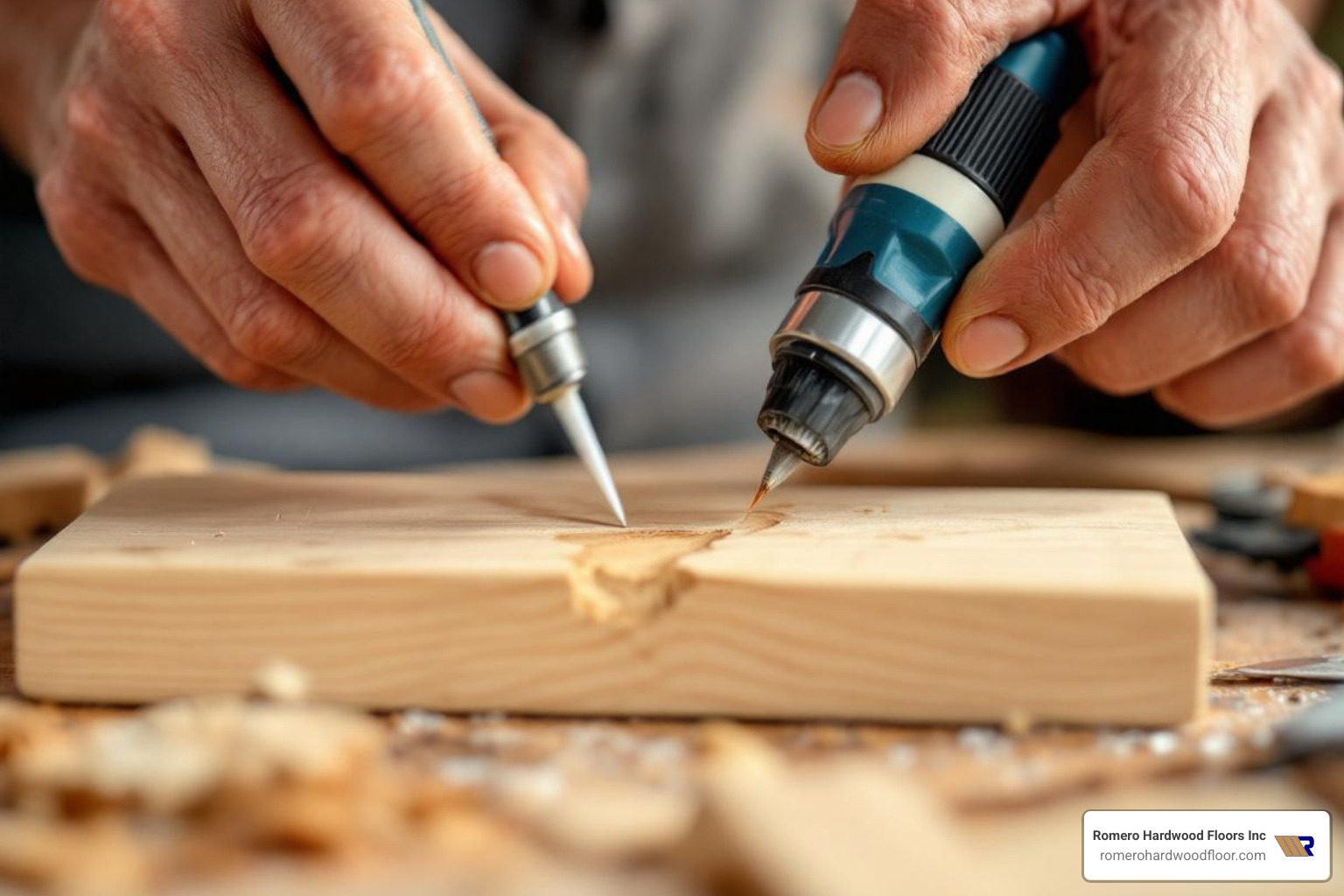 person applying wood filler to a damaged piece of wood - how do you repair water damaged wood