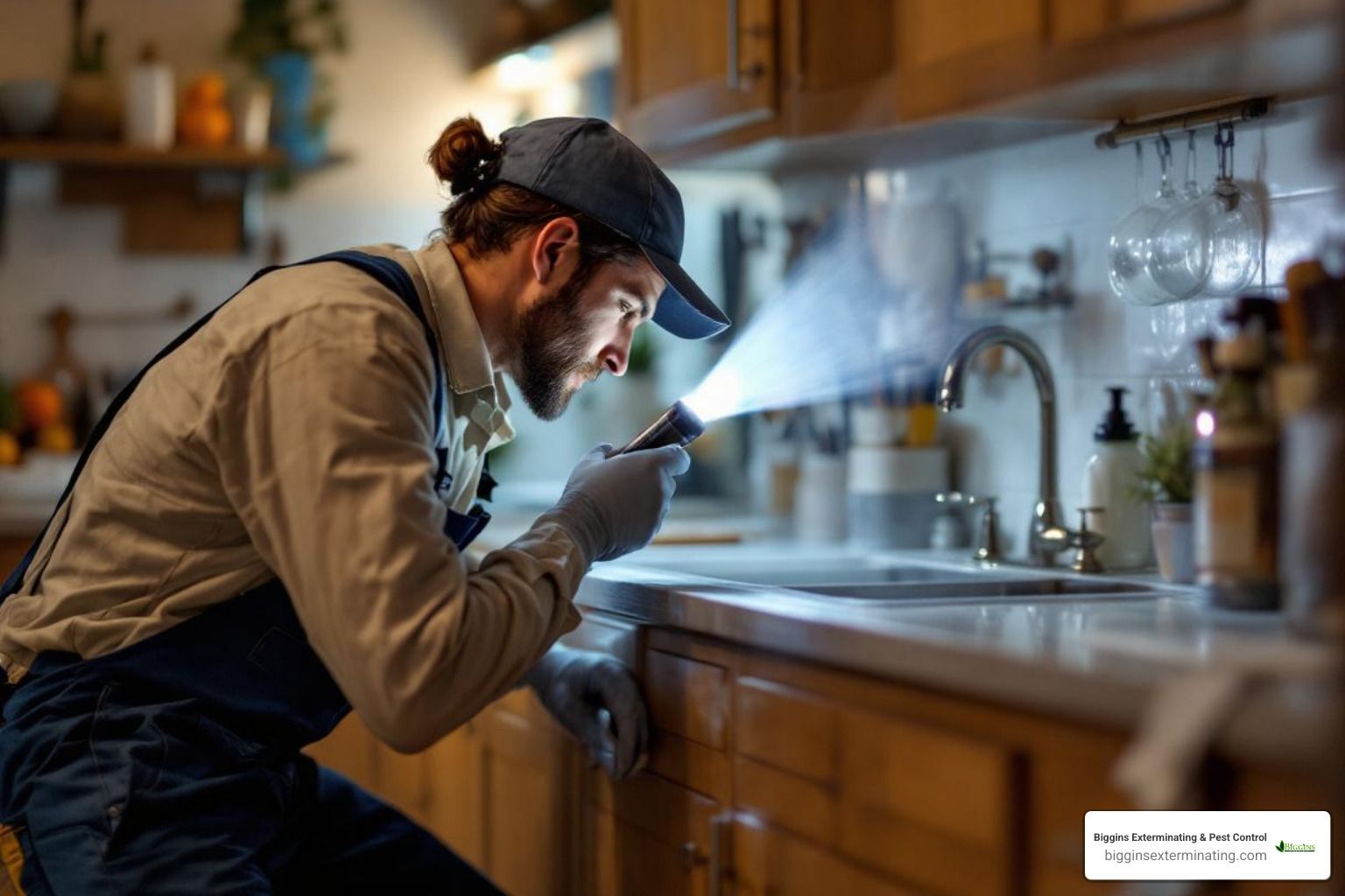 Image of a pest control professional inspecting under a kitchen sink with a flashlight - Professional roach control Image of a pest control professional inspecting under a kitchen sink with a flashlight - Professional roach control