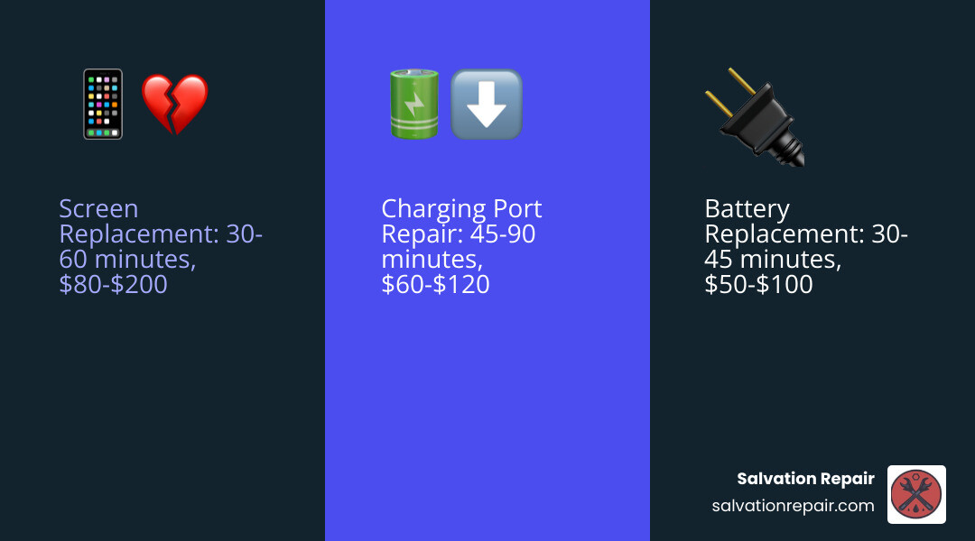 Infographic showing the 3 most common cell phone repairs in Meridian MS: Screen Replacement takes 30-60 minutes and costs $80-$200, Battery Replacement takes 30-45 minutes and costs $50-$100, and Charging Port Repair takes 45-90 minutes and costs $60-$120, with icons showing a cracked screen, dying battery, and charging port - cell phone repair meridian ms infographic 3_facts_emoji_blue Infographic showing the 3 most common cell phone repairs in Meridian MS: Screen Replacement takes 30-60 minutes and costs $80-$200, Battery Replacement takes 30-45 minutes and costs $50-$100, and Charging Port Repair takes 45-90 minutes and costs $60-$120, with icons showing a cracked screen, dying battery, and charging port - cell phone repair meridian ms infographic 3_facts_emoji_blue