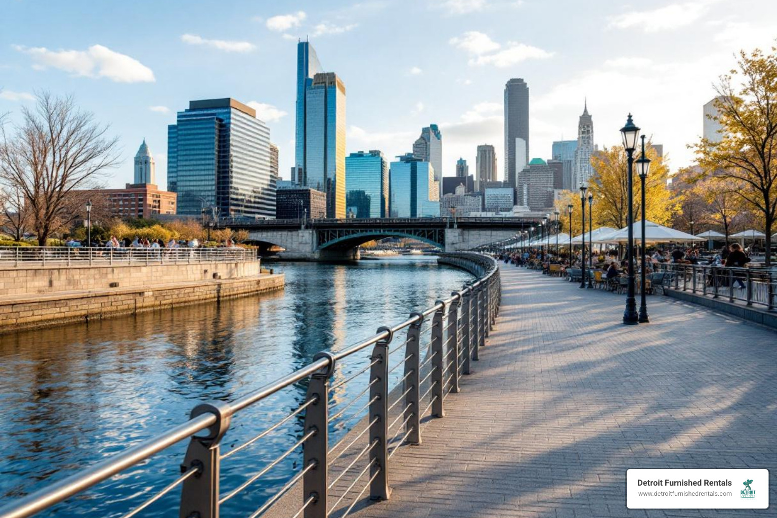 the Detroit Riverwalk with the skyline in the background - furnished apartments detroit area