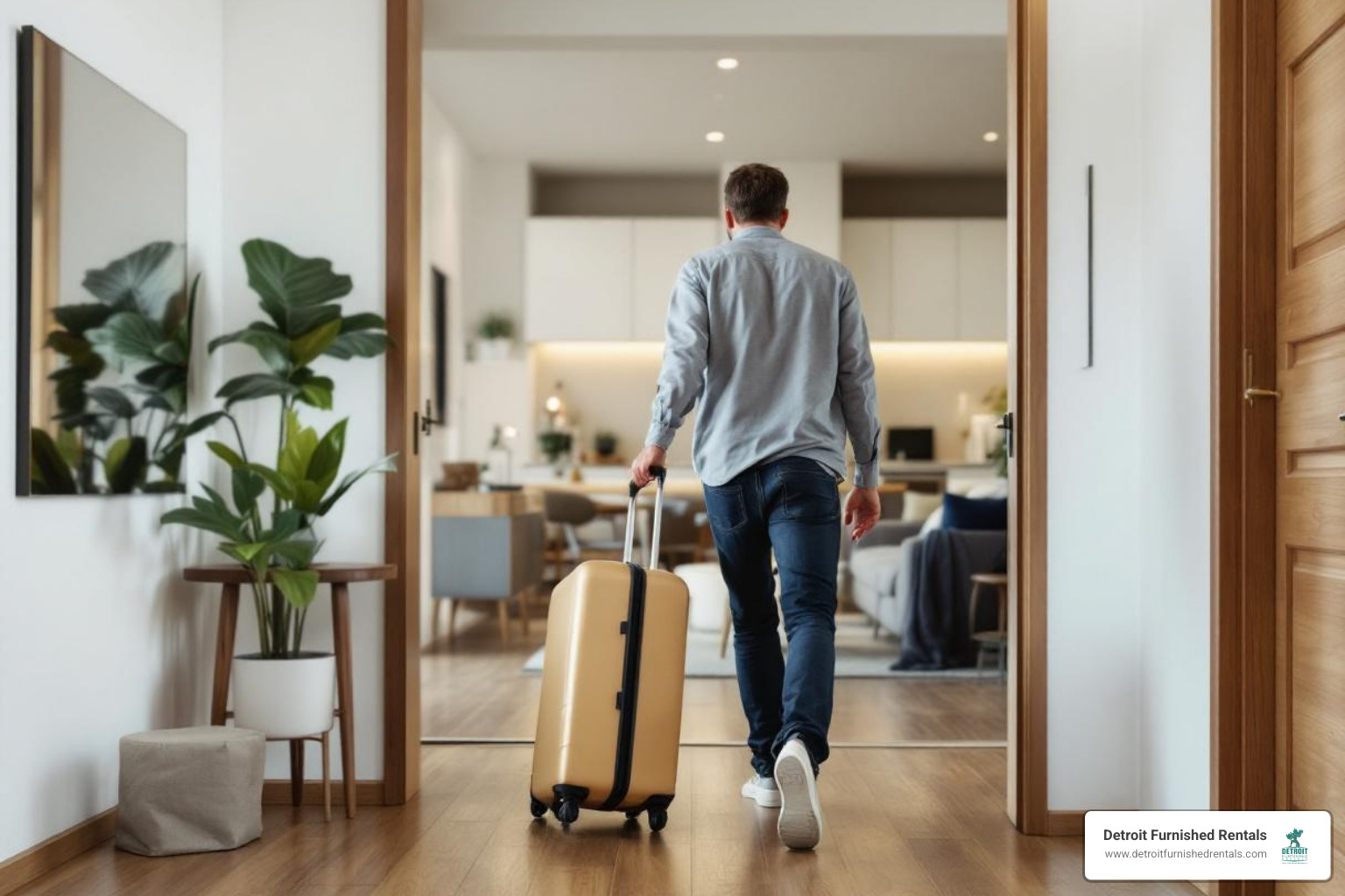a person with a suitcase easily entering a fully furnished apartment - furnished apartments detroit area