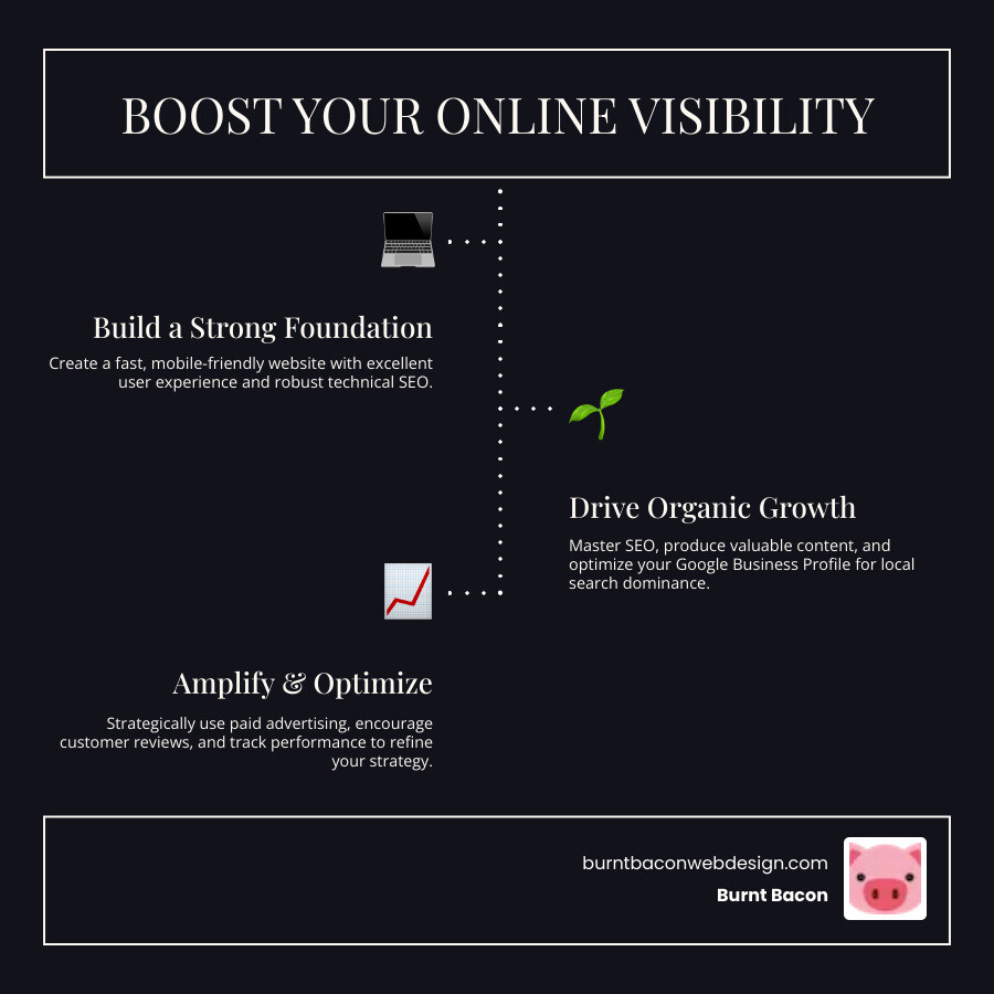 infographic showing the five core components of online visibility: a high-performance website at the center, surrounded by SEO and content marketing, paid advertising channels, social media presence, and local listings with Google Business Profile, all interconnected to demonstrate how they work together to improve visibility - improve online visibility infographic infographic-line-3-steps-dark