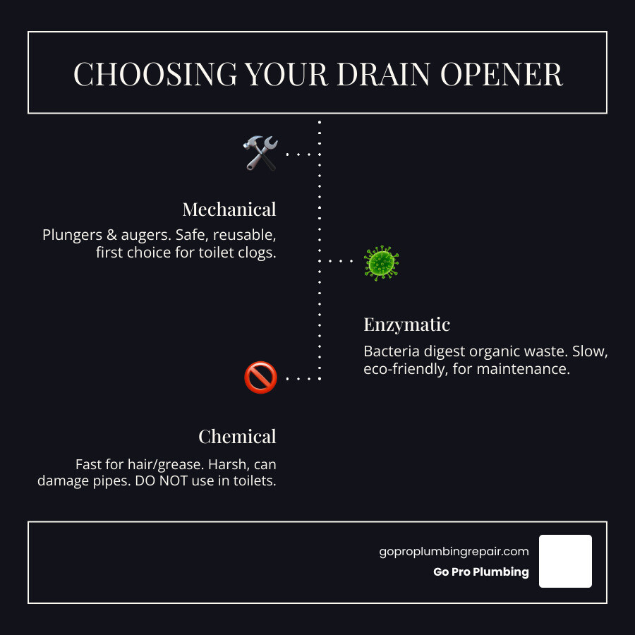 Infographic showing three types of drain openers: Mechanical drain openers including plungers and augers with icons of the tools, Enzymatic drain openers showing bacteria breaking down organic waste with a slow-but-steady clock icon, and Chemical drain openers with warning symbols showing they work fast but can damage pipes and should not be used in toilets - drain opener for toilet infographic infographic-line-3-steps-dark