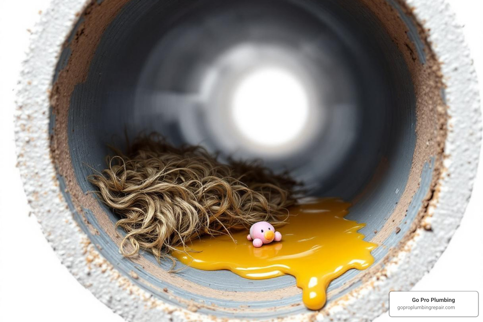 Cross-section of a drain pipe showing different types of clogs like hair, grease, and foreign objects - drain opener for toilet