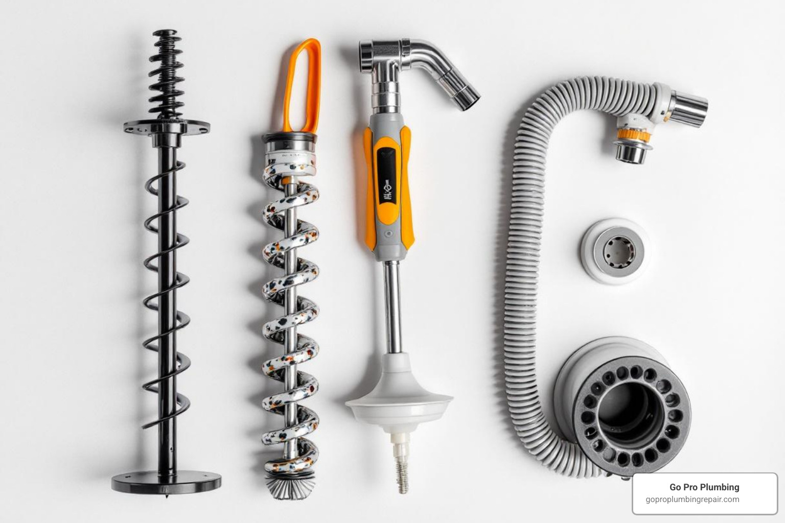 A toilet auger, a flange plunger, and a small drain snake side-by-side - drain opener for toilet