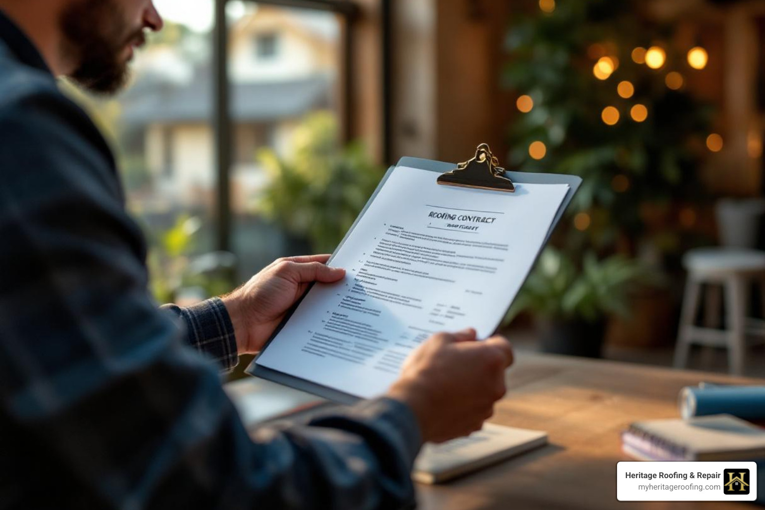 A homeowner reviewing a detailed roofing contract with a contractor - dependable roofers A homeowner reviewing a detailed roofing contract with a contractor - dependable roofers