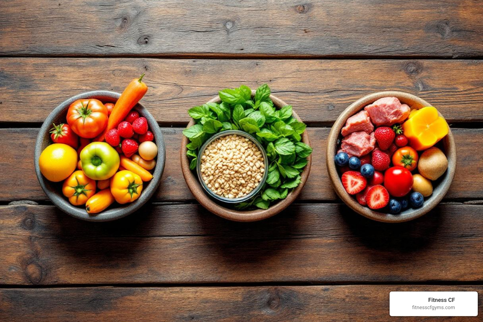 five main food groups arranged on a wooden table - a healthy balanced diet
