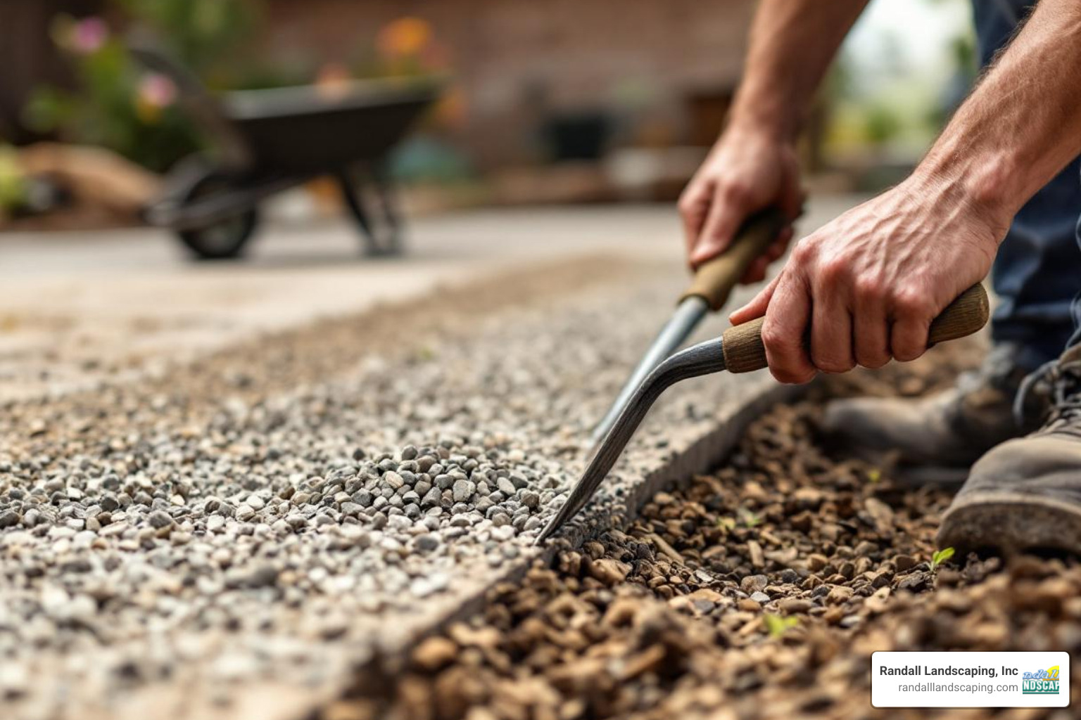 Person spreading crushed stone gravel - paver base for walkway Person spreading crushed stone gravel - paver base for walkway