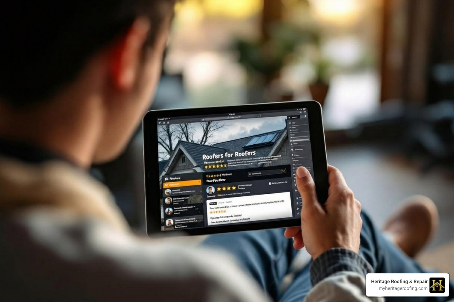 A homeowner looking at online reviews for roofers on a tablet - dependable roofers A homeowner looking at online reviews for roofers on a tablet - dependable roofers