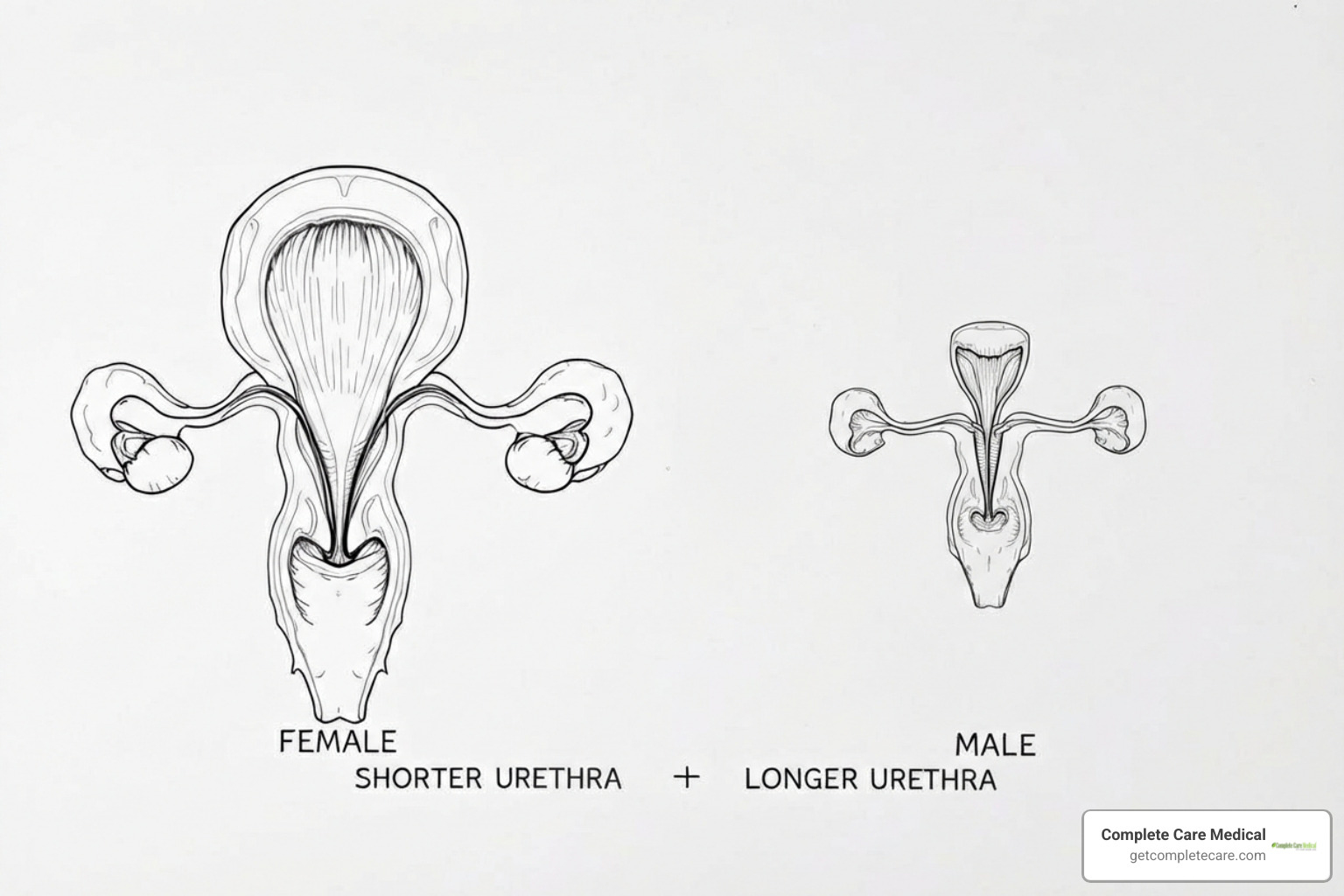 Shorter female urethra compared to male urethra - Painful burning urination
