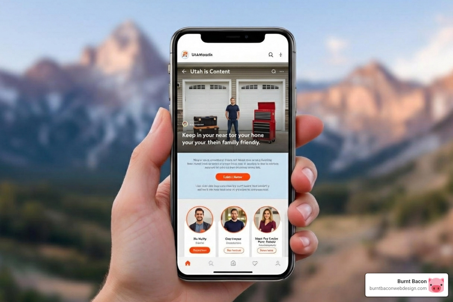 a person using a smartphone to browse a website, with a scenic Utah mountain landscape in the blurred background - Responsive website design Utah
